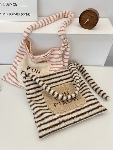 Women Striped Plush Tote Bag With Embroidery Lamb Wool Patch Magnetic Closure Shoulder Crossbody Handbag For Winter Casual