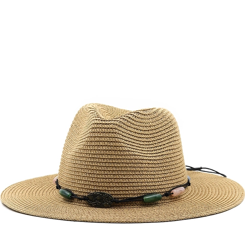 Cappello Di Paglia Fedora Donna Tesa Larga Traspirante Protezione Solare Vacanze Estive Spiaggia Boho Perline Decorazione Metallo Retro
