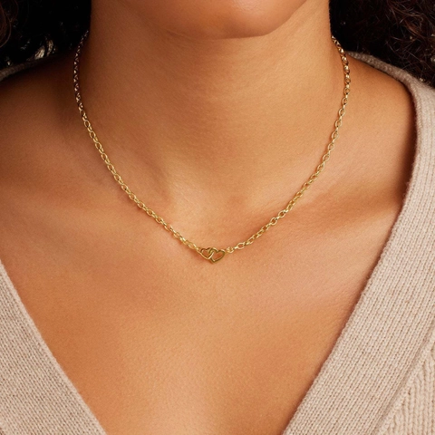 Collar De Doble Corazón Cadena De Clip Entrelazada Acero Inoxidable Chapado En Oro De 18K Joyería De Moda Minimalista