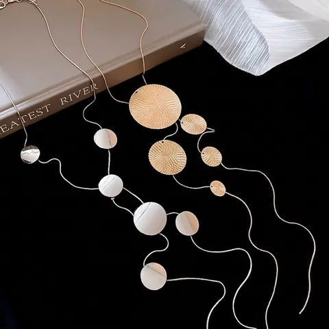 Long Collier En Alliage Pour Femmes Pendentif Circulaire Géométrique Forme En Y Gland Poli Miroir Mode Minimaliste Chaîne De Pull