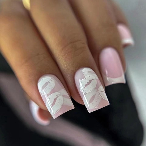 Long Square Press On Nails ABS Plastic French Tip Pink And White Lip Print Bow Design Full Cover Removable For Women Manicure