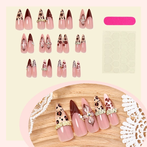 Lange Mandel-Press-on-Nägel Mit Leopardenmuster Und 3D-Blumendekoration Elegante Künstliche Nägel Für Frauen