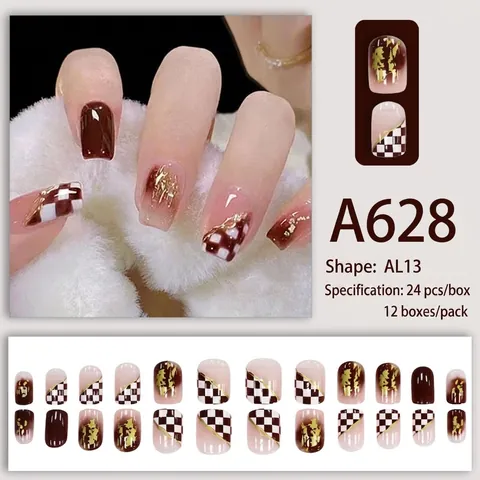 Uñas Postizas a Presión con Tablero de Ajedrez Marrón Blanco Uñas Cortas Cuadradas con Pegamento Puntas de Manicura para Mujer Moda