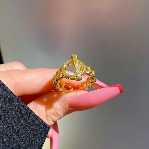 Toggle Clasp Copper Ring With Cubic Zirconia Inlay Fashion Chain Link Adjustable Open Jewelry For Women