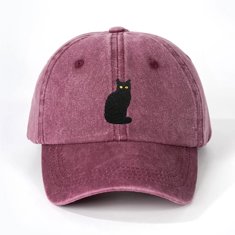Gorra De Béisbol De Tela Lavada Retro Bordado De Gato Negro Ajustable Protección Solar Transpirable Gorra Casual
