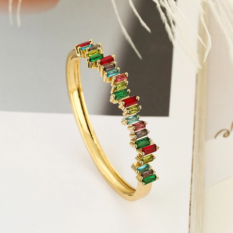 Bracciale Rigido In Rame Placcato Oro Da Donna Con Zircone Colorato Intarsiato Stile INS Gioielli Geometrici