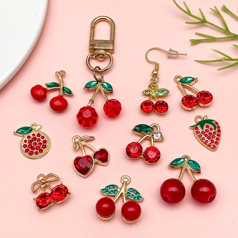 Cherry Strawberry Fruit Charms Zinc Alloy Enamel Rhinestone For DIY Jewelry Making Sweet Necklace Earring Pendants