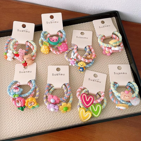 Braided Colorful Elastic Hair Ties With Cartoon Animal Fruit Flower Resin Ornaments Ponytail Holders For Kids Girls