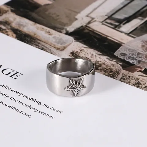 Polished Stainless Steel Wide Band Ring With Pentagram Star Relief Punk Fashion Jewelry For Men