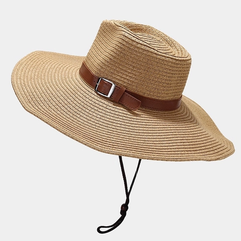 Western Cowboy Straw Hat Wide Brim Summer Outdoor Sun Protection Breathable Vacation With Leather Band Wind Rope Unisex