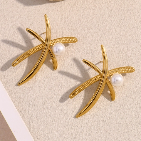 Palmbaum-Künstliche Perlenohrstecker aus Edelstahl 18K Vergoldet Übertriebene Modische Ohrringe Für Damen