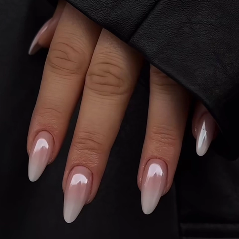 Uñas Postizas Press On Largas Almendra Ombré Perla Artificial Cromo Acabado Brillante Estilo Francés Manicura
