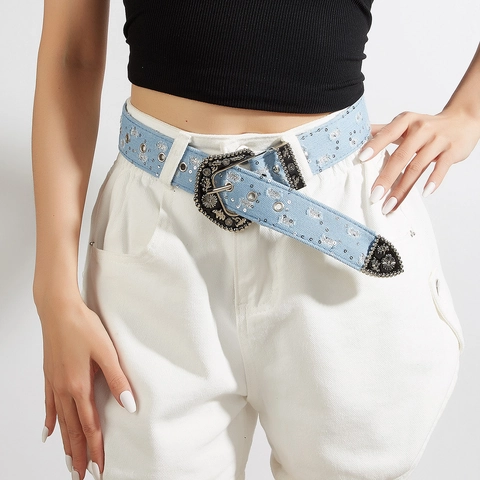 Cintura da Donna con Strass Western Retro Americano in Pelle PU Denim con Fibbia in Lega Intagliata Borchie Cintura Decorativa