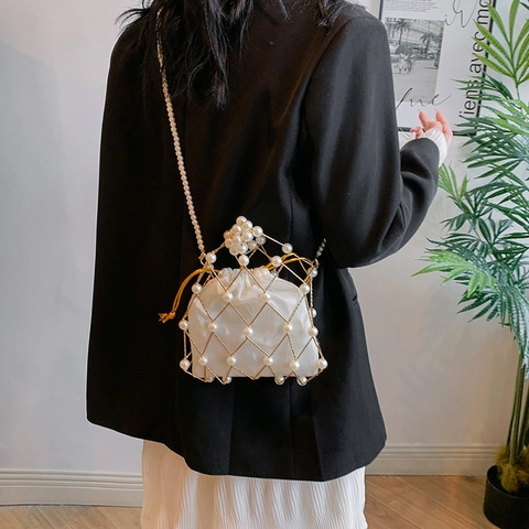 Künstliche Perlen Handtasche Mit Metallnetz Und Satin-Innenbeutel Elegante Gewebte Umhängetasche Für Damen