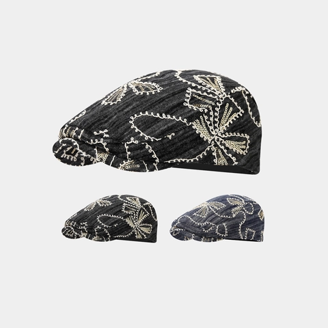 Vintage Floral Embroidered Denim Ivy Cap With Sequins Fashion Cotton Sun Protection Flat Cap For Women