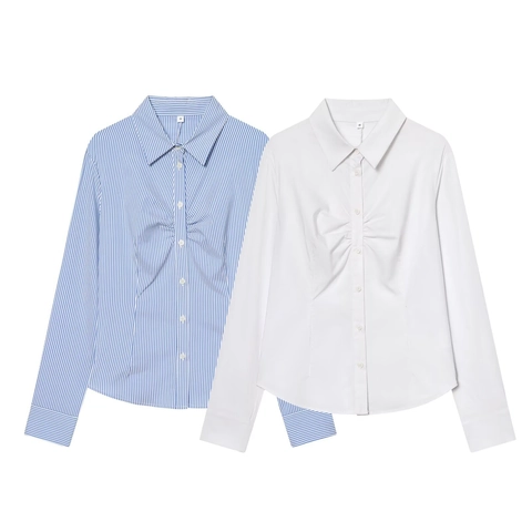 Dames Blouse Met Lange Mouwen Ruched Geplooide Voorzijde Shirt Reverskraag Gestreept Wit Slim Fit Mode Casual Tops