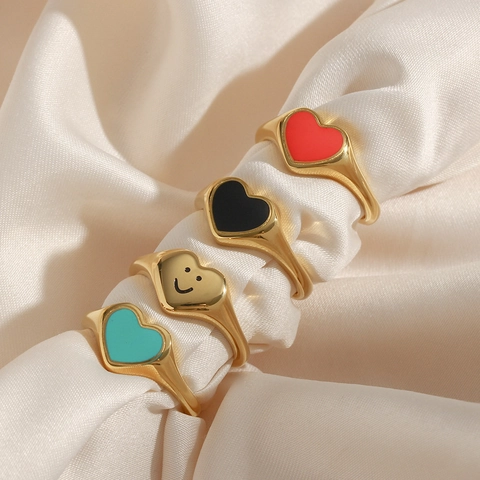 French Ins Style Stainless Steel Heart Enamel Smile Face Ring 18K Gold Plated Geometric Fashion Jewelry For Women Daily