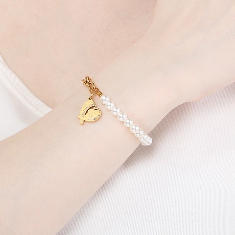 Stainless Steel Spliced Artificial Pearl Bracelet Gold Plated Heart Pendant Jewelry Mothers Day Gift For Women Adjustable