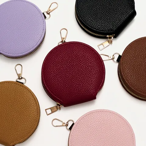 Round Coin Purse PU Leather Litchi Texture Mini Portable Wallet With Gold Zipper And Hook Key Earphone Storage For Women