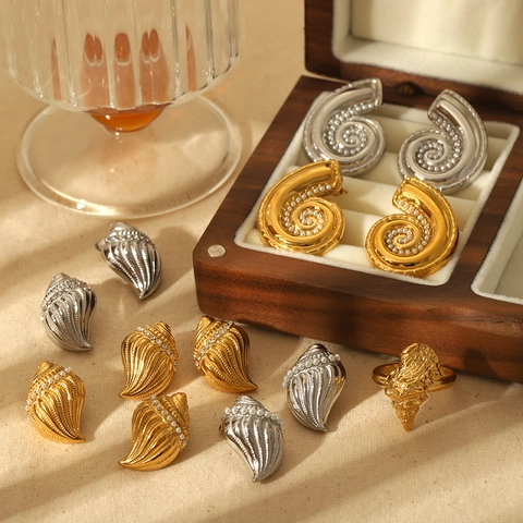Nautischer Conch Muschel Ohrring Ring Halskette Edelstahl 18K Vergoldet Zirkonia Künstliche Perle Schmuck Für Damen