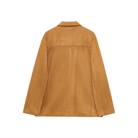 Dames Casual Bruine Suède-look Jas Losse Pasvorm Lange Mouw Omslagkraag Knoopsluiting Buitenkleding Mantel Met Zakken