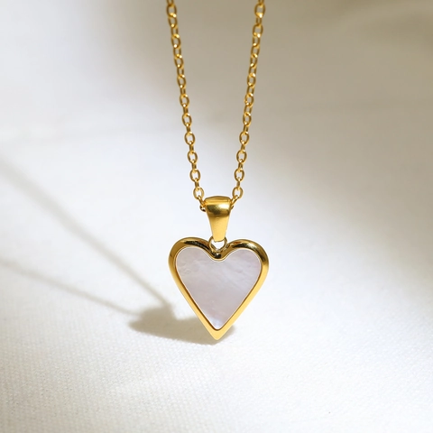 Luxe Roestvrijstalen Hart Hanger Halsketting Voor Dames Mode Witte Schelp Ingelegd PVD 18K Verguld Sieraden Cadeau
