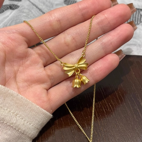 French Style Bow Lily Of The Valley Pendant Necklace Women Titanium Steel Gold Plated Elegant Flower Charm Choker Jewelry