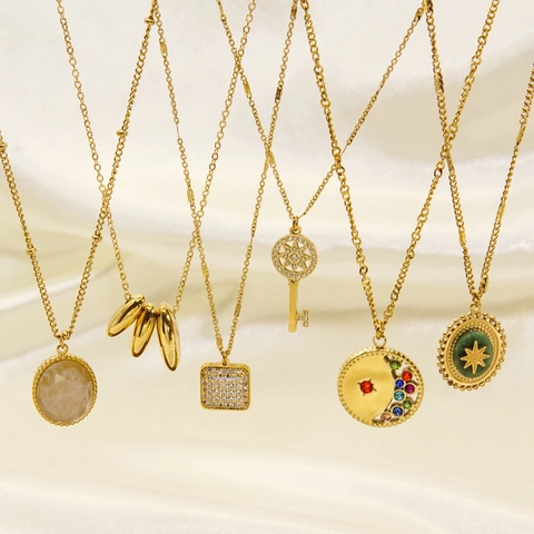 Collana Pendente Acciaio Inossidabile Pietra Naturale Zircone Placcato Oro Vintage Geometrico Stella Chiave Da Donna