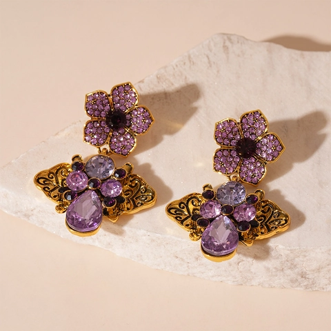 Vintage Luxury Flower Butterfly Dangle Earrings With Purple Rhinestones And 925 Sterling Silver Earring Post