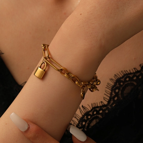 Bracciale alla Moda in Acciaio Inossidabile Con Lucchetto Chiave Cuore Catena a Graffetta Oro Argento Bracciale per Donna Gioielli di Tendenza