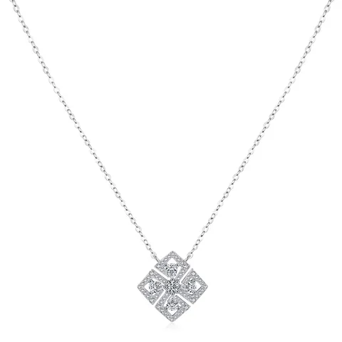 925 Sterling Silver Necklace With Geometric Square Flower Pendant Inlaid Sparkling Zircon For Women Elegant Jewelry