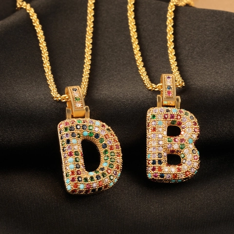 Initial Letter Pendant Necklace Copper Gold Plated Colorful Zircon Alphabet Hip Hop Jewelry Women Men