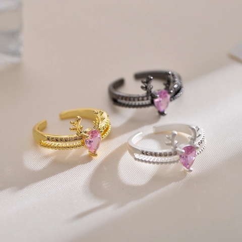 Hirschgeweih Herz Ring Kupfer Rosa Zirkonia Verstellbar Offen Fingerschmuck Für Frauen Modegeschenk