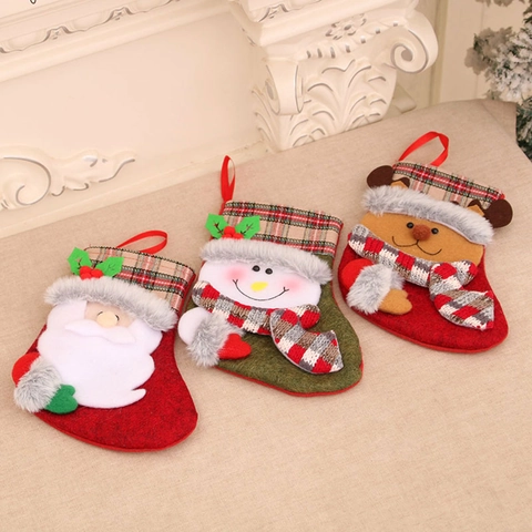 Christmas Stockings Hanging Gift Bags Plaid Felt Faux Fur Santa Snowman Reindeer Fireplace Mantle Decor Festive Holiday