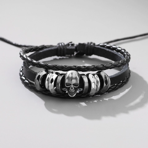 Bracelet Tête De Mort Punk Vintage Cuir Tressé Multicouche Perles Bois Charmes Alliage Ajustable Bijoux Retro Rock Pour Hommes Femmes