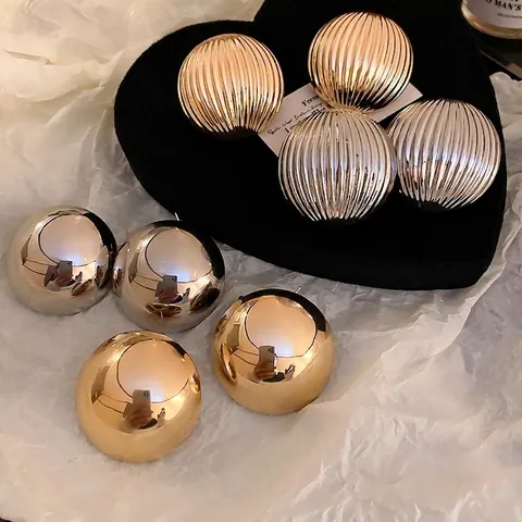 Oversized Spherical Stud Earrings With 925 Sterling Silver Earring Post High Gloss Mirror Striped Geometric Chic Fashion For Women