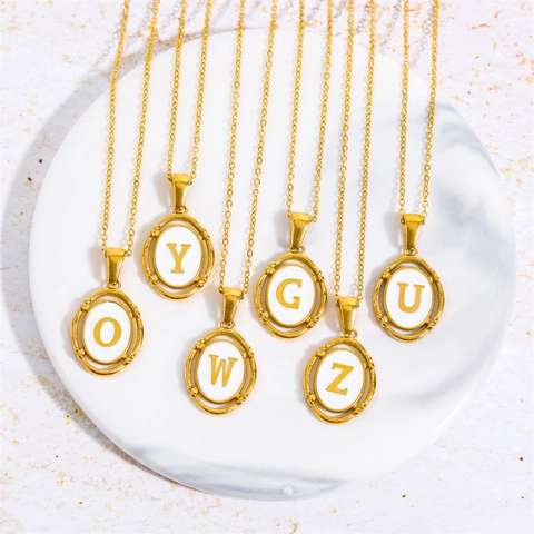Initial Pendant Necklace Stainless Steel 18K Gold Plated Oval Enamel Capital Letter Jewelry For Women Elegant