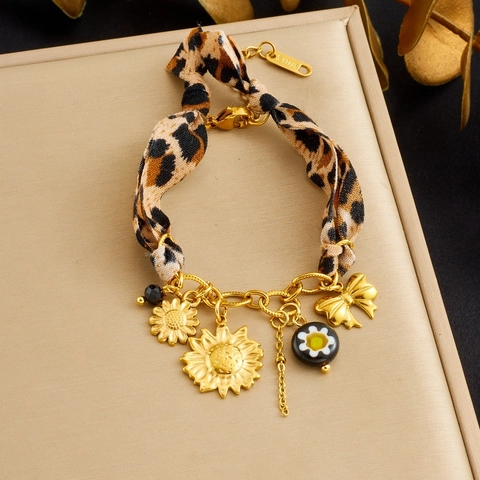 Pulsera De Acero Inoxidable Con Cinta De Leopardo Y Colgante De Girasol Con Lazo Bañado En Oro Para Mujer