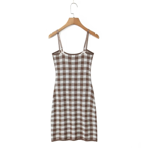 Gingham Kariertes Cami Kleid Gestricktes Polyester V Ausschnitt Spaghettiträger Schleife Süßer Lolita Stil Damen Ärmellos
