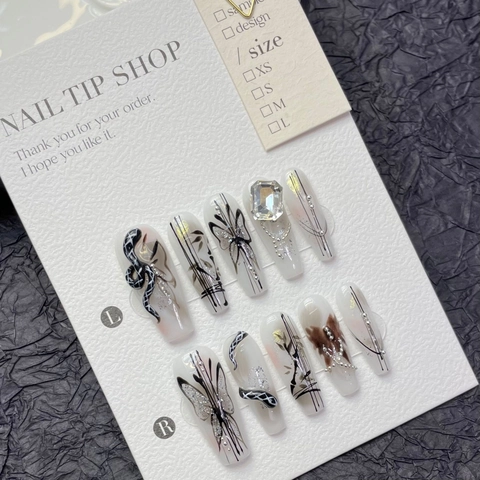 Handgefertigte Lange Sargform Künstliche Nägel Dunkler Schmetterling 3D Schlange Strass Luxus Gothic Fake Nails Für Damen Party