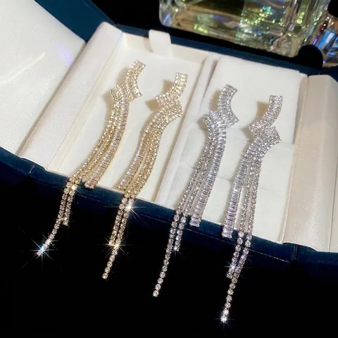 Elegante Geometrische Zirkon Lange Quasten Ohrhänger Mit 925er Sterling Silber Ohrstecker Für Damen Vintage Party Stil