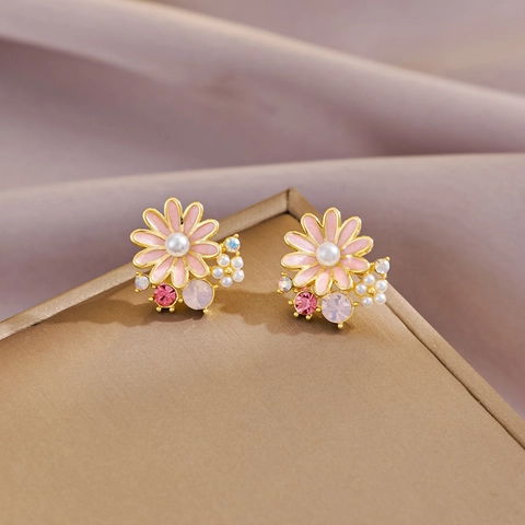 Daisy Floral Stud Earrings Alloy Enamel With Imitation Artificial Pearl Rhinestone Sweet Summer Style For Women Copper Earring Post