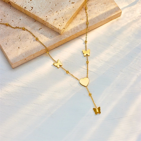 Butterfly Heart Pendant Y-Shape Necklace Titanium Steel Gold Plated Shell Inlay Beads Tassel Elegant Jewelry Women