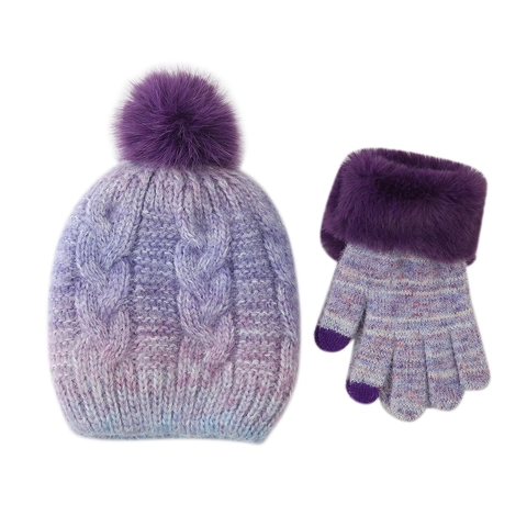 Gorro Y Guantes De Punto De Invierno Para Niños Degradado De Color Pompon De Piel Sintética Forro Polar Cálido Pantalla Táctil Niñas