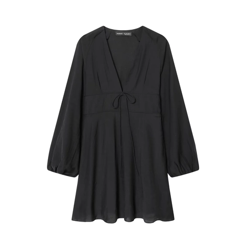 V-Neck Mini Dress Long Lantern Sleeve High Waist Tie Front Solid Color Elegant Retro Polyester Dress For Women