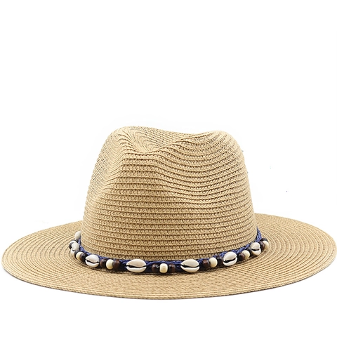Strooien Panamahoed Schelp Houten Kralen Zonbescherming Strandvakantie Brede Rand Fedora Volwassenen