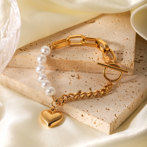 Pulsera De Perlas Artificiales Con Colgante De Corazón De Acero Inoxidable Para Mujer Joyería Elegante Vintage Regalo