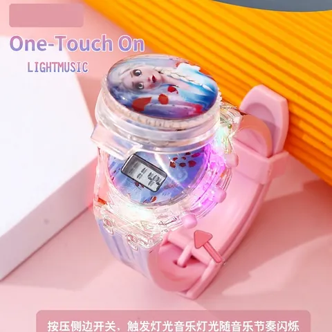 Kids Cartoon Glowing Watch LED Light Music Rotating Dial Silicone Strap Transparent Case Digital Analog For Boys Girls