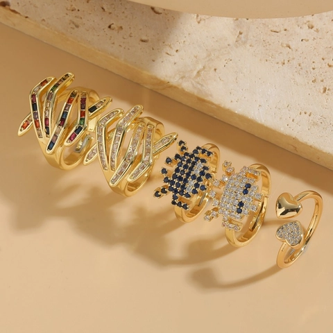 Gold Kupfer Zirkonia Geometrische Ringe Für Damen Mode Mehrlagig Offen Verstellbar Herz Roboter Design Party Schmuck Geschenk