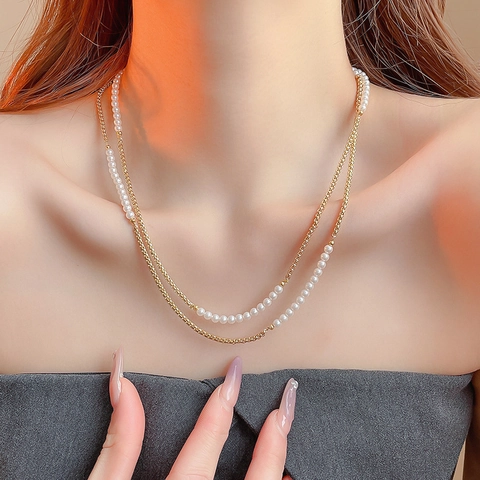 Collar De Doble Capa Retro Con Perla Artificial De Imitación Y Cadena De Cobre Mujer Joyería De Cuello Elegante Estilo Francés